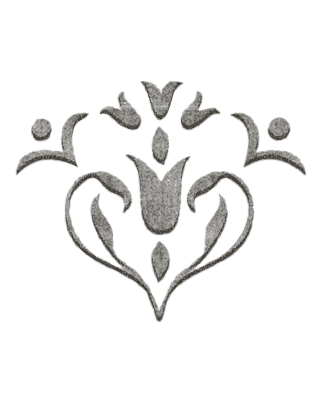 Decorative black renaissance-style symmetrical heart-shaped design with floral and abstract elements.