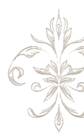 Decorative floral design with symmetrical leaves and swirling elements.