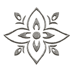 Black and white floral mandala design with symmetrical petals and intricate details.