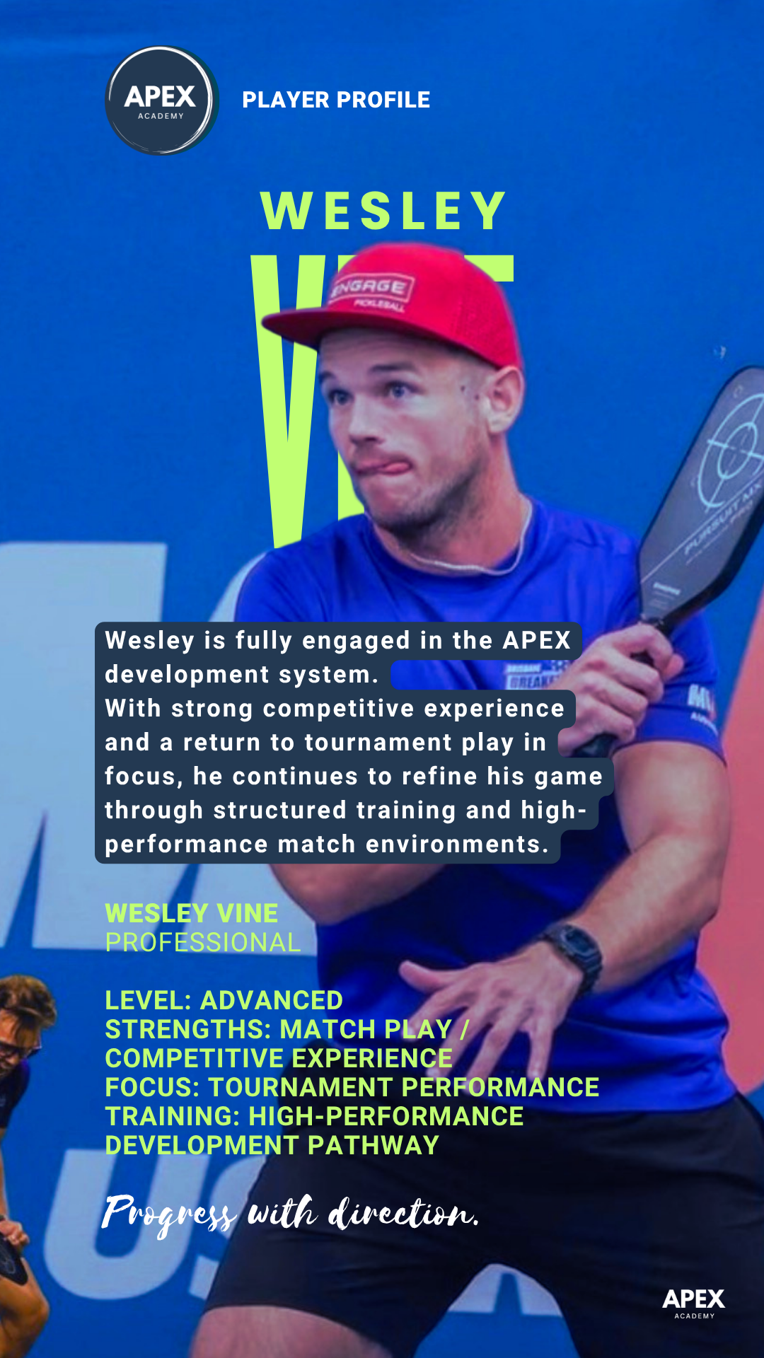 Player profile for Wesley Vine at Apex Academy, showing a man in a red cap and blue shirt holding a paddle with a target design, standing against a blue background with text about his training and experience.