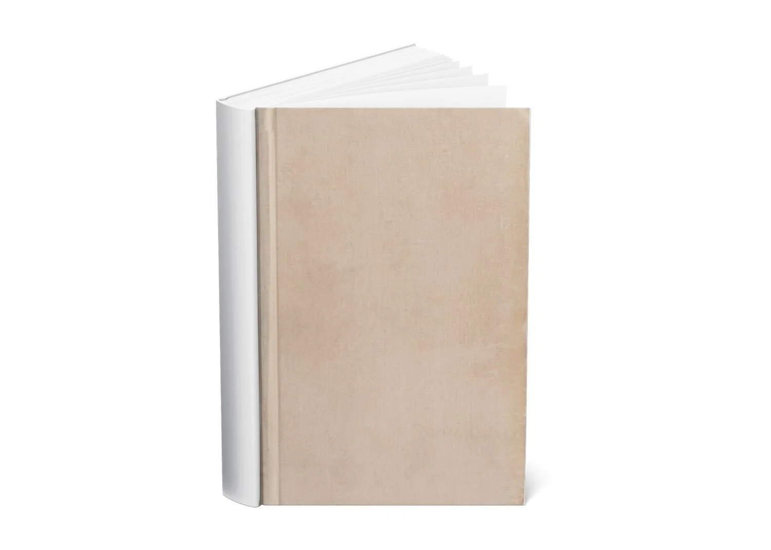 Open book with blank beige cover and white pages against a white background.