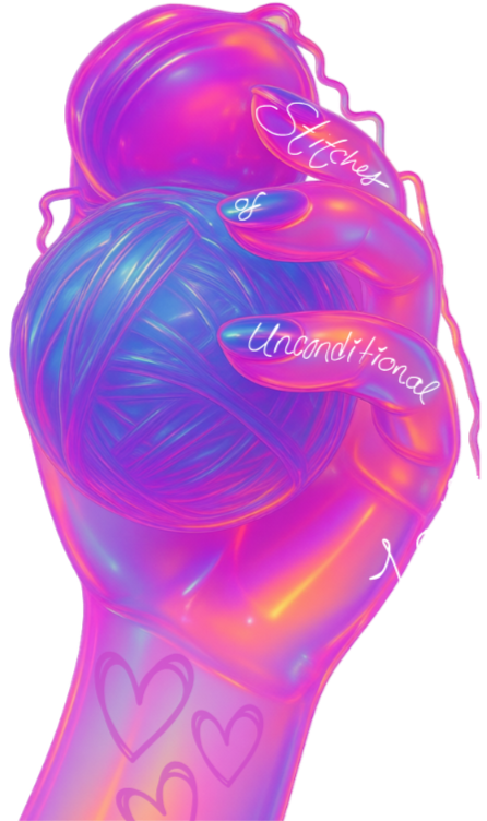 A neon-colored illustration of a hand holding a ball with the words "Stitches of Unconditional Love" written on the fingers. The wrist area has heart drawings, all in vibrant, glowing colors.