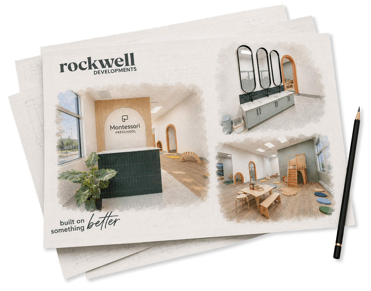 Brochure for Rockwell Developments showcasing a Montessori preschool interior with reception area, classroom with play area, and bathroom with sinks and mirrors.