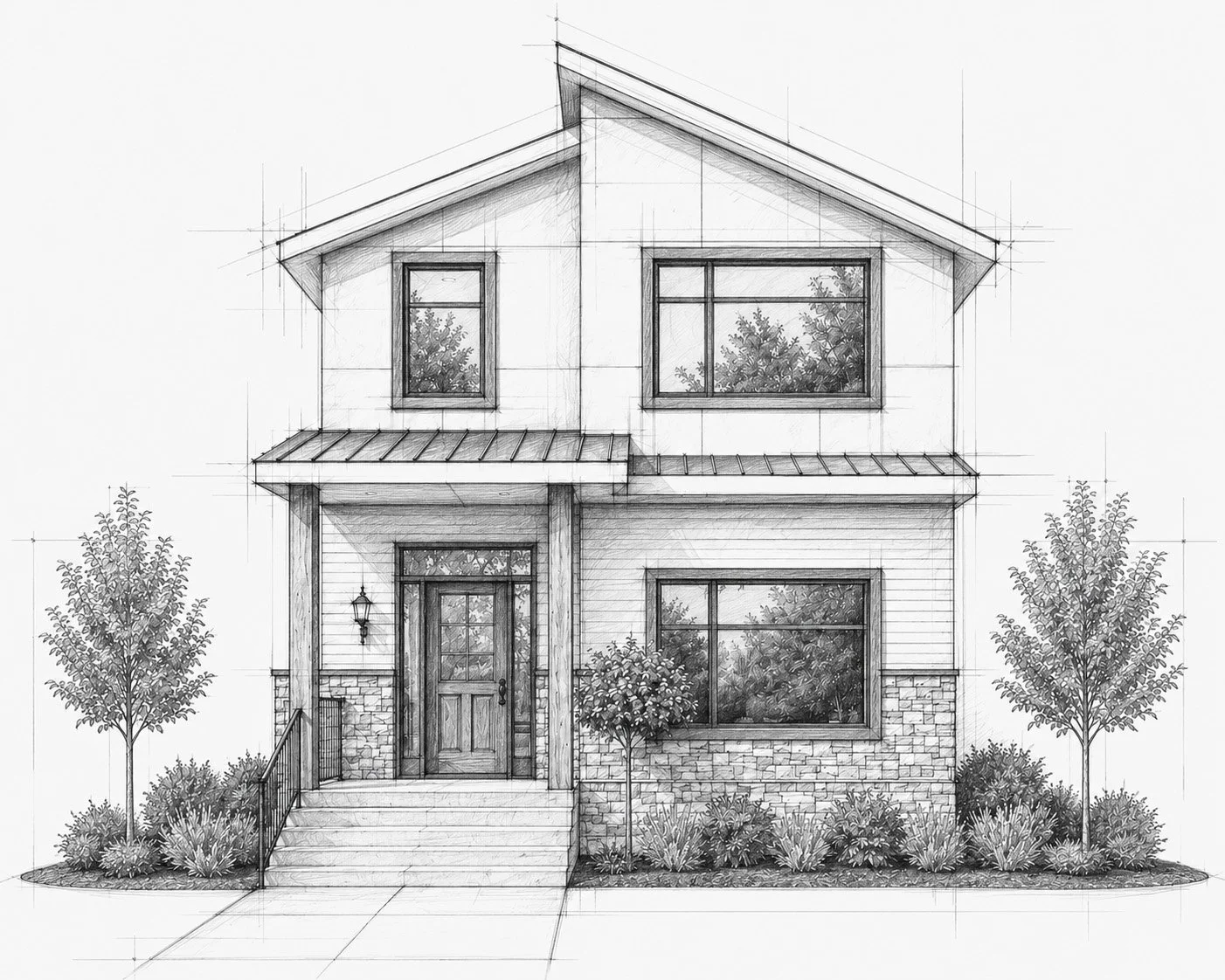 Black and white architectural sketch of a two-story house with front steps, trees, shrubs, large windows, and a gabled roof.