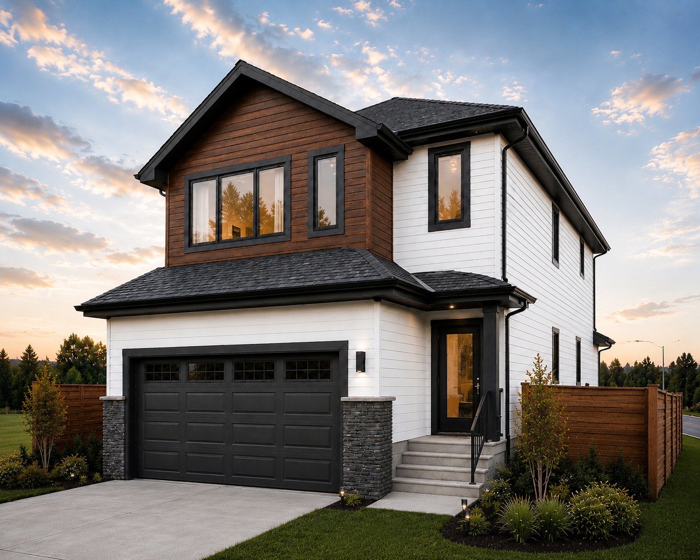 Modern two-story house with black garage door, white siding, wooden accent on upper level, black window frames, front stone steps, and a small garden with shrubs and plants, during sunset.