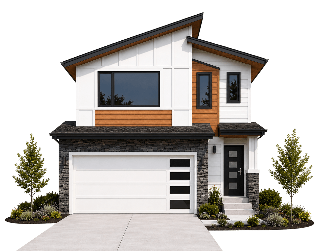 Modern two-story house with white and wood siding, black accents, a double garage, and landscaped front yard.