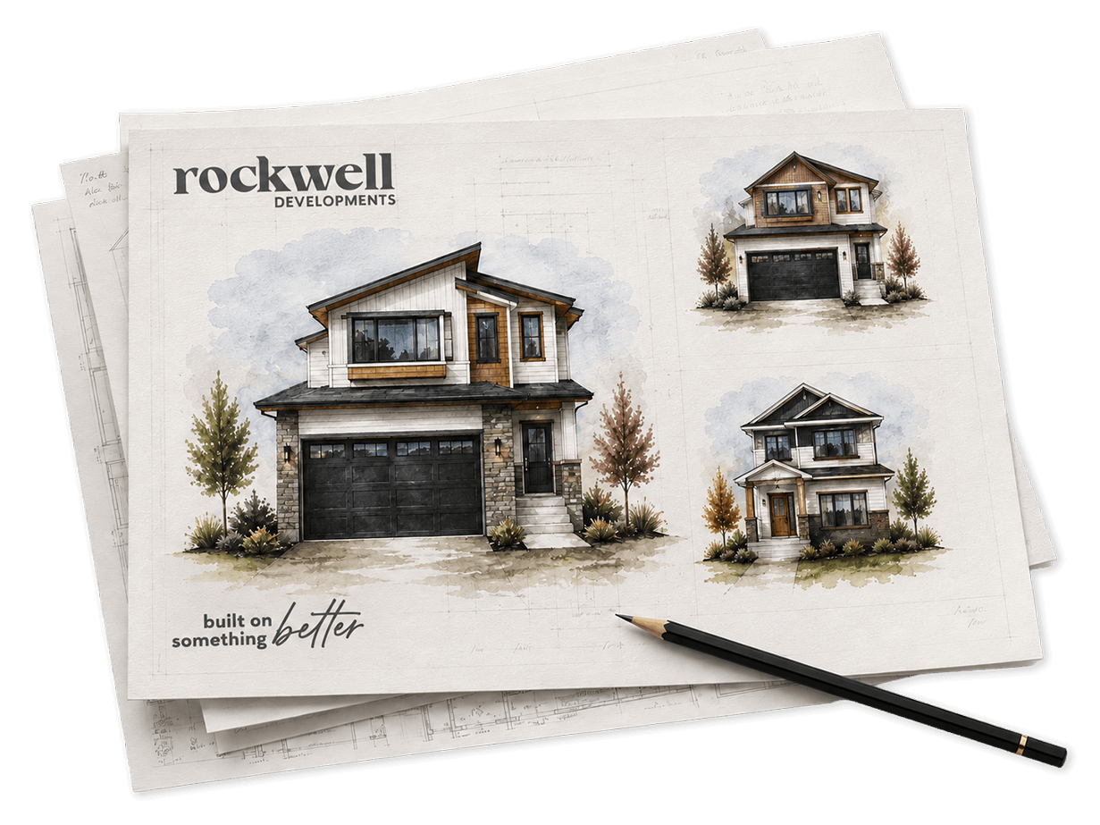 Architectural design sketches of a modern house with different angles, labeled 'rockwell DEVELOPMENTS', featuring trees and a pencil on a stack of paper.