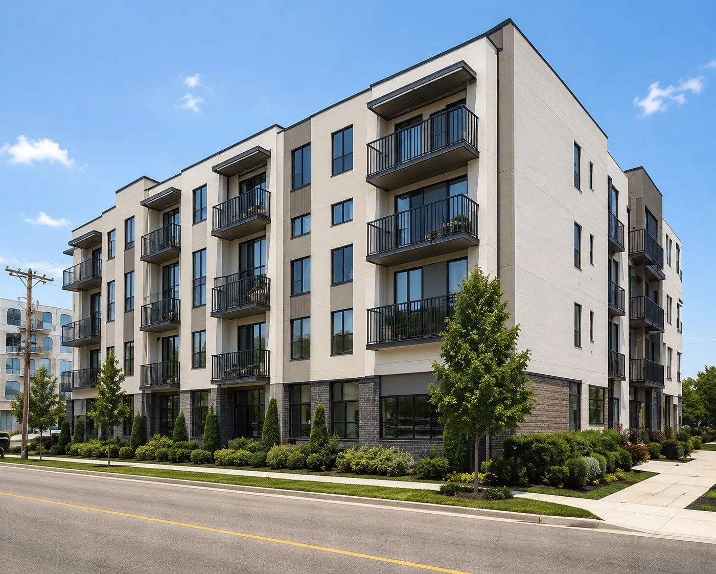 Multi-story modern apartment building with balconies, trees, and landscaped bushes along a sidewalk and street under a blue sky.