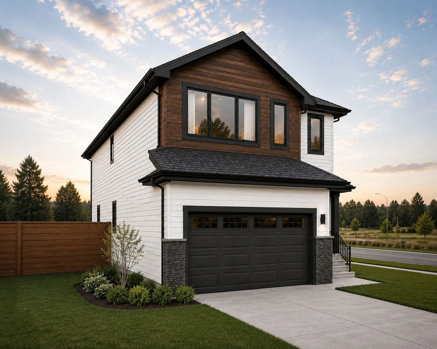 A modern two-story house with white siding, dark wood accents, and black trim, featuring a black garage door and surrounded by a well-maintained lawn and landscaping. The sky is partly cloudy, with trees in the background.