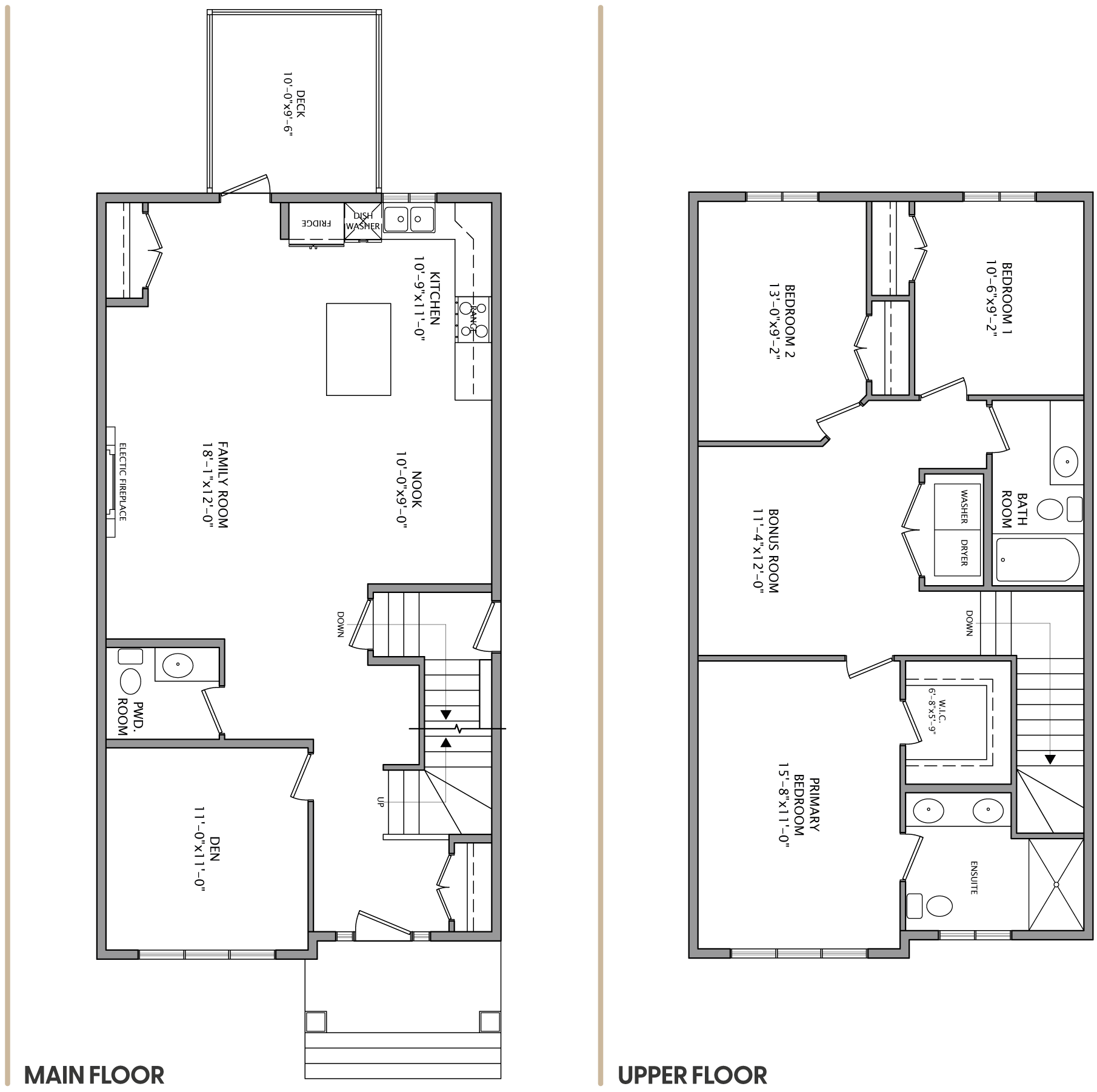 Floor plan diagram showing the layout of the main floor and upper floor of a building, with labeled rooms and structural elements.