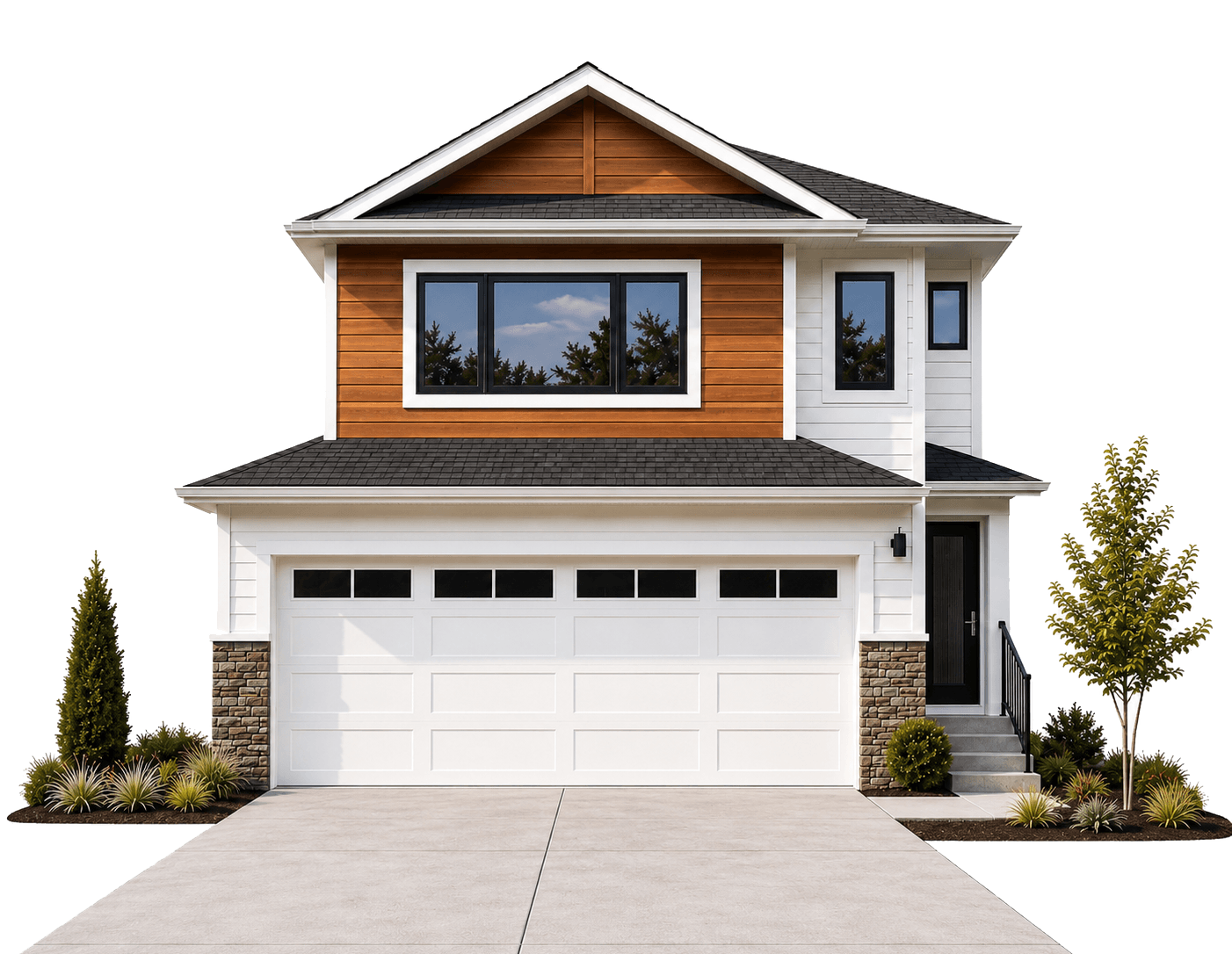 Modern two-story house with white garage door, black front door, and brown and white exterior siding, surrounded by landscaped yard with small trees and shrubs.