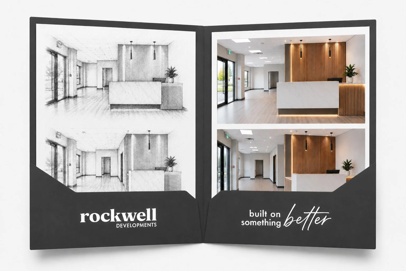 Brochure showing before and after images of a modern building interior, with the logo 'rockwell DEVELOPMENTS' and the slogan 'built on something better'.