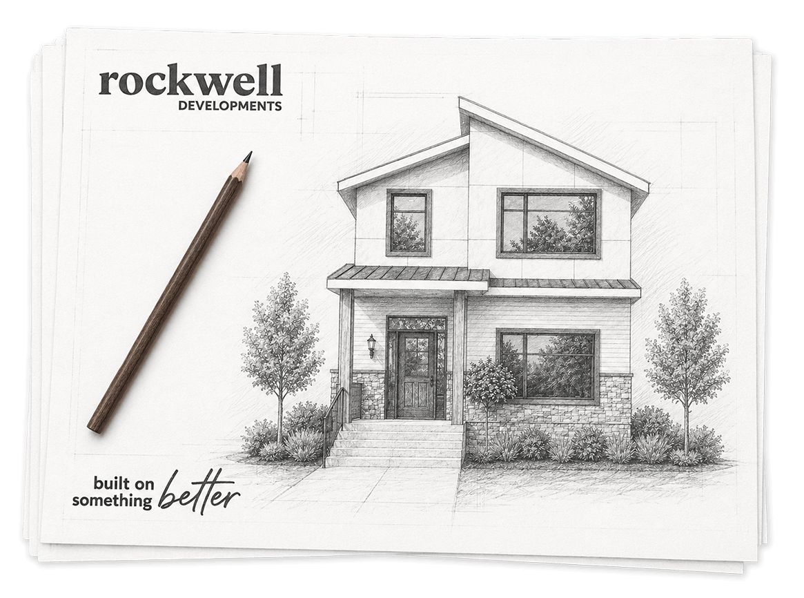 Architectural sketch of a modern two-story house with front porch, multiple large windows, and landscaped yard, printed on a sheet of paper marked 'rockwell developments' and 'built on something better'.