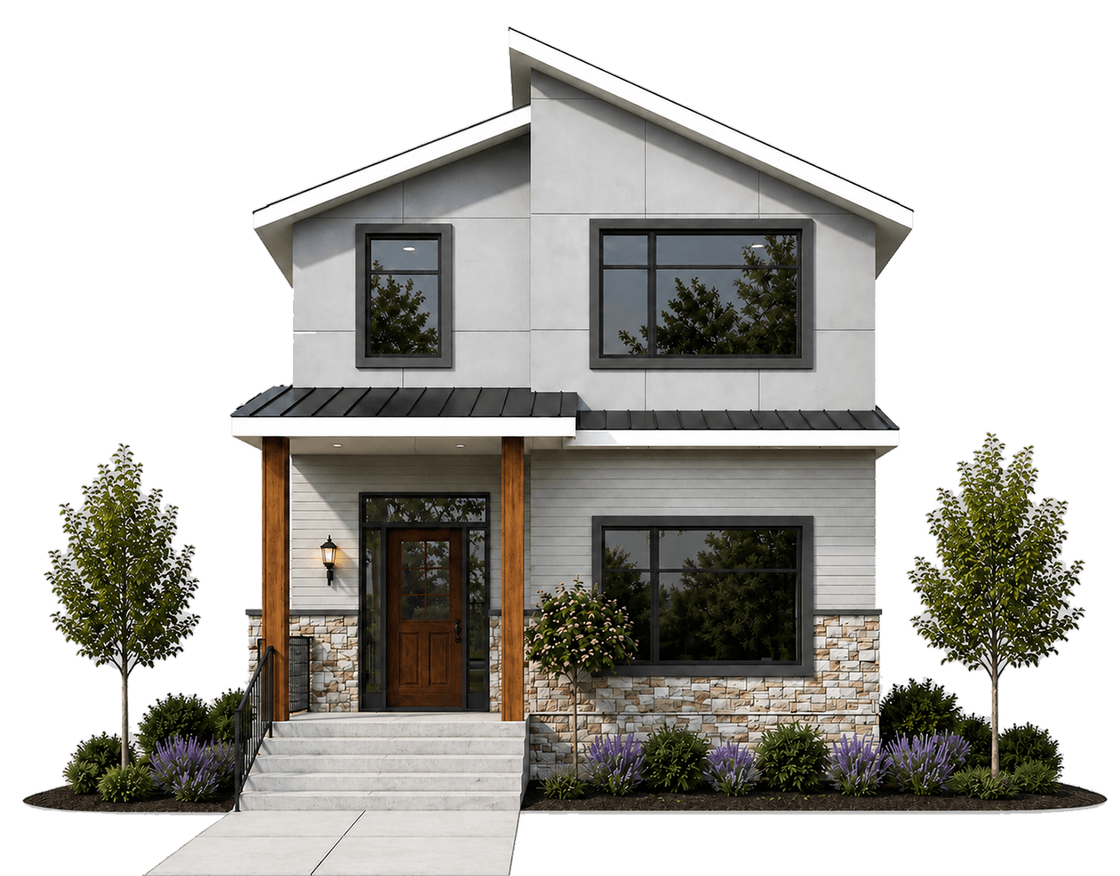 A modern two-story house with a gabled roof, stone and siding exterior, large windows, and a front porch with stairs, surrounded by landscaped garden with trees and purple flowers.