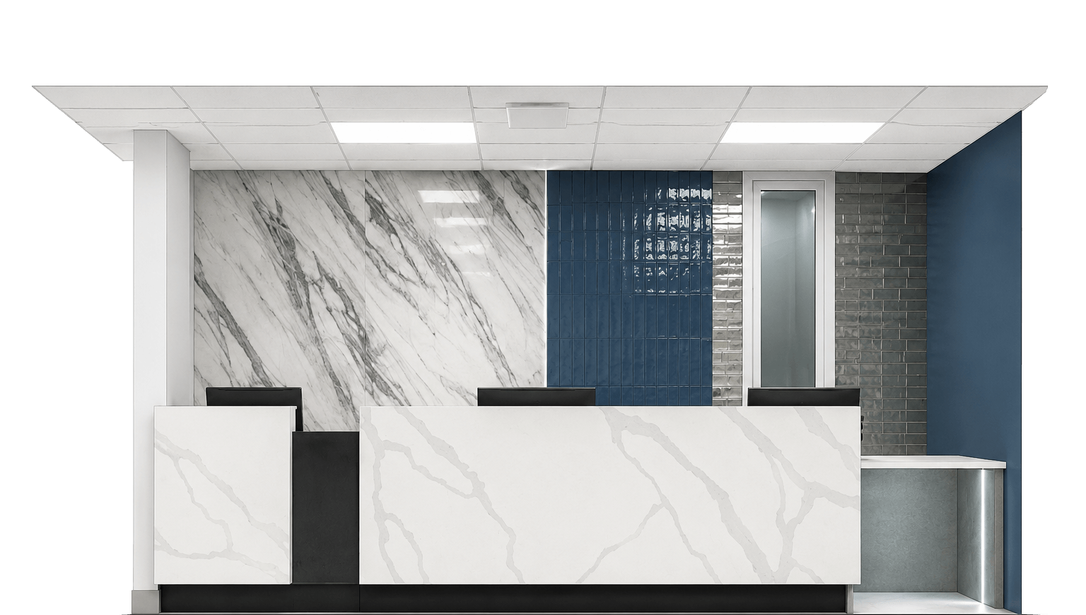 Modern office reception desk with marble pattern, dark blue tiles, gray brick wall, and a glass door.