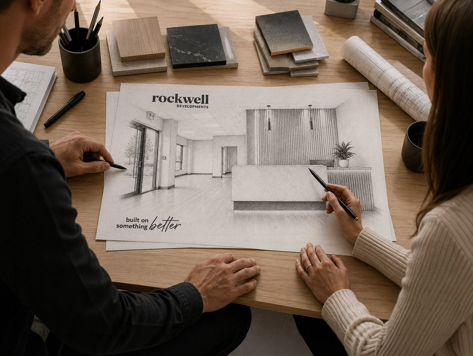 Two people reviewing a design sketch of an interior space on a table, with samples of materials and architectural plans surrounding them.