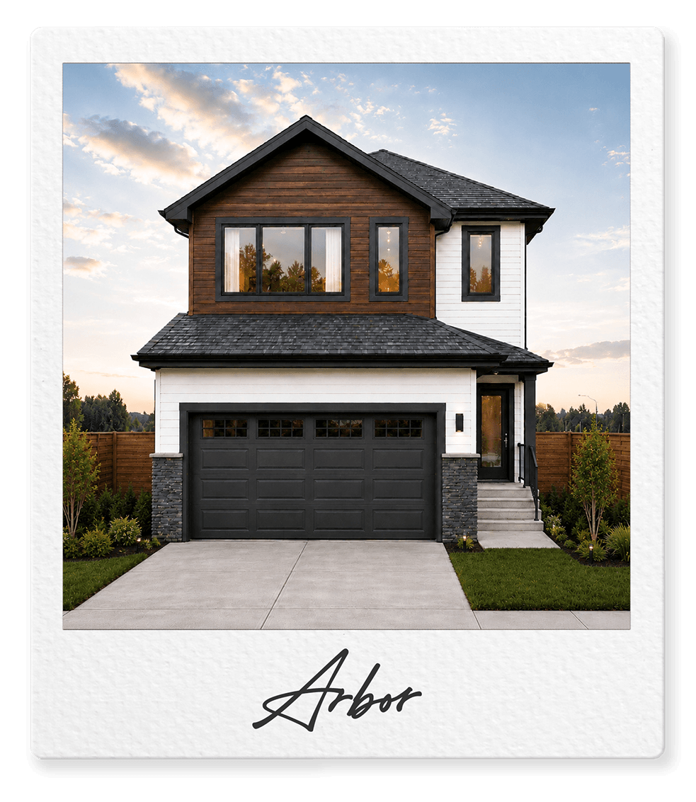 Modern two-story house with a black garage door, a front porch with steps, and a mixed material exterior of wood, siding, and stone, surrounded by a landscaped yard and wooden fence, under a partly cloudy sky during sunset.