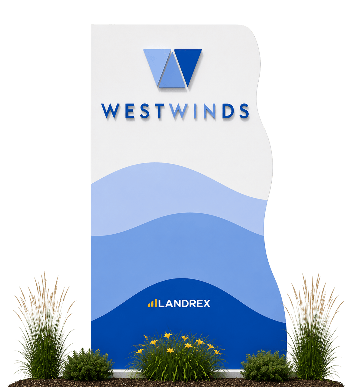A vertical sign with the logo and name 'Westwinds' at the top, featuring a geometric blue icon. The background has wavy shades of blue at the bottom, with the 'Landrex' logo and text near the bottom. The sign is surrounded by decorative plants and flowers.