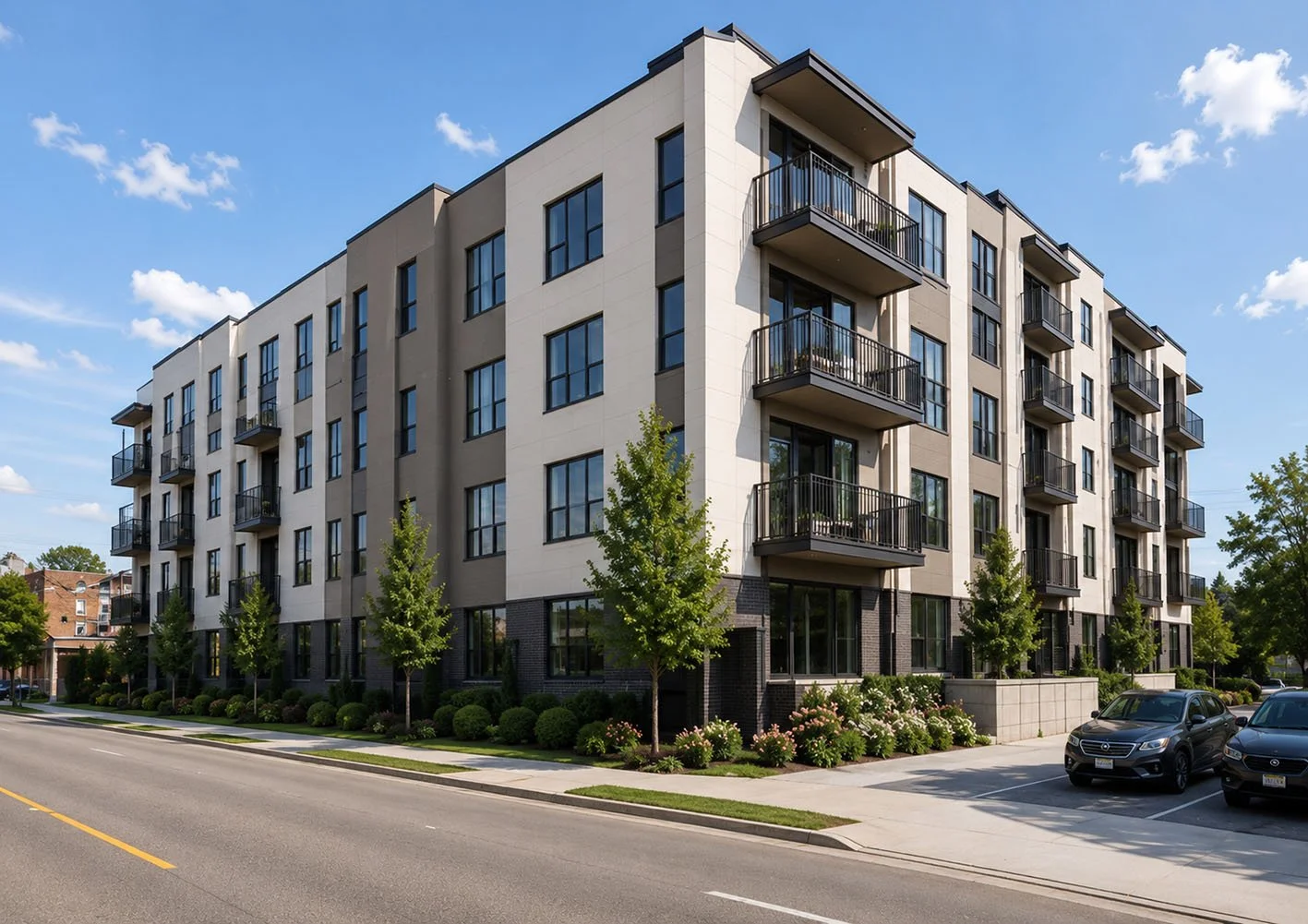 Modern multi-story apartment building with balconies, surrounded by landscaped greenery, parked cars, on a sunny day with a blue sky and scattered clouds.