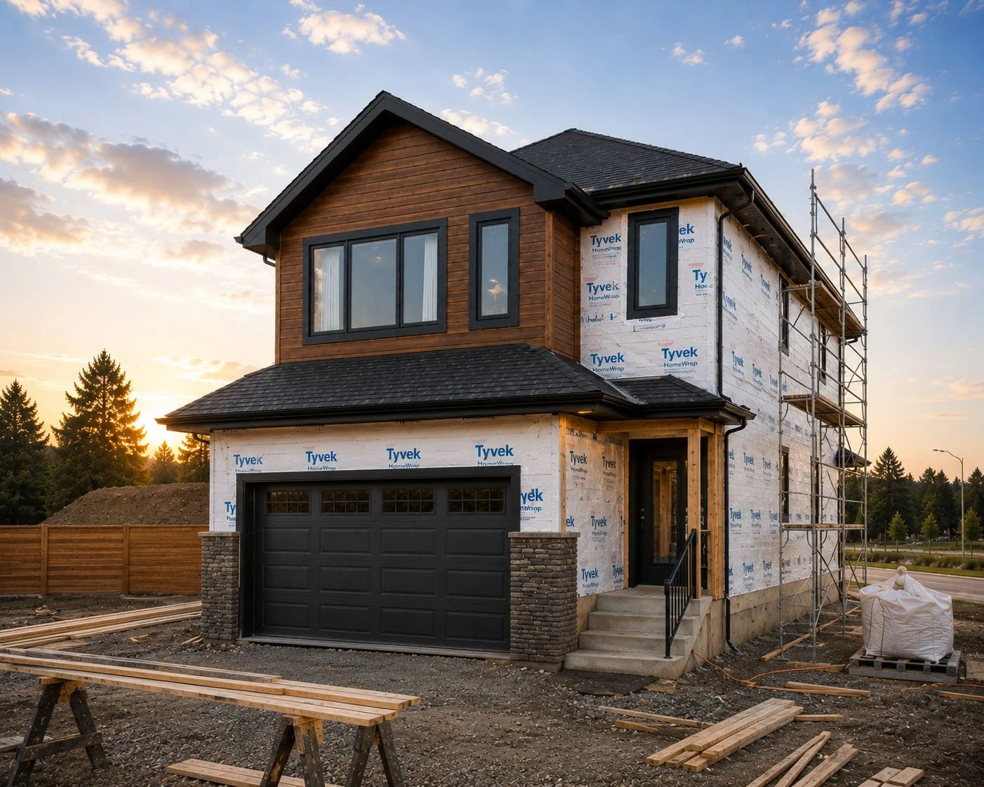 A two-story house under construction with scaffolding on the right side, a black garage door, and wooden siding on the second floor, set against a sunset sky with trees in the background.