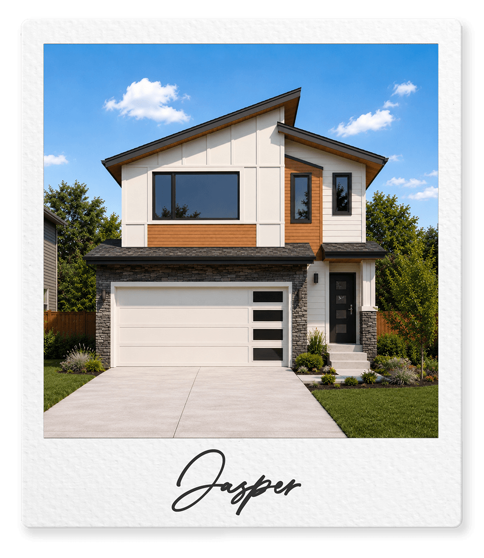 Front view of a modern two-story house with a white and brown exterior, large windows, a grey garage door, and a landscaped front yard under a blue sky with clouds.