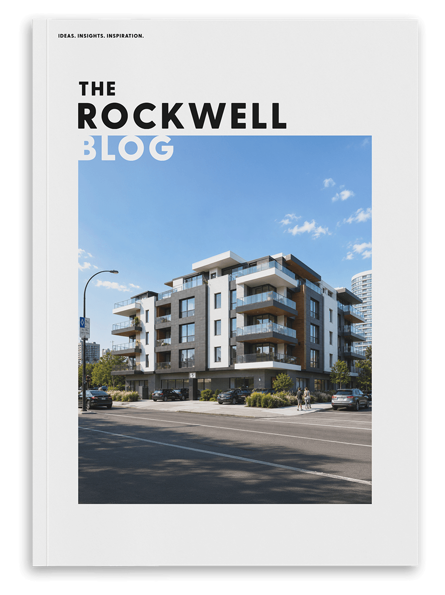 Cover of a blog titled "The Rockwell Blog" featuring a modern apartment building with balconies, trees, parked cars, and a street scene under a blue sky with some clouds.