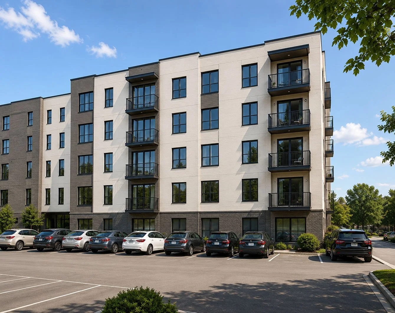 Modern apartment building with multiple floors, balconies, and parking lot with several cars