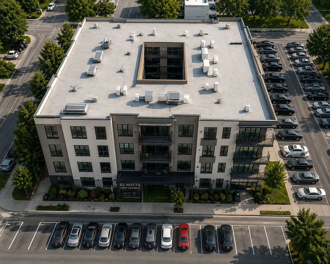 An aerial view of a modern, multi-story apartment building with a parking lot on the right and front sides, surrounded by trees and landscaped areas.