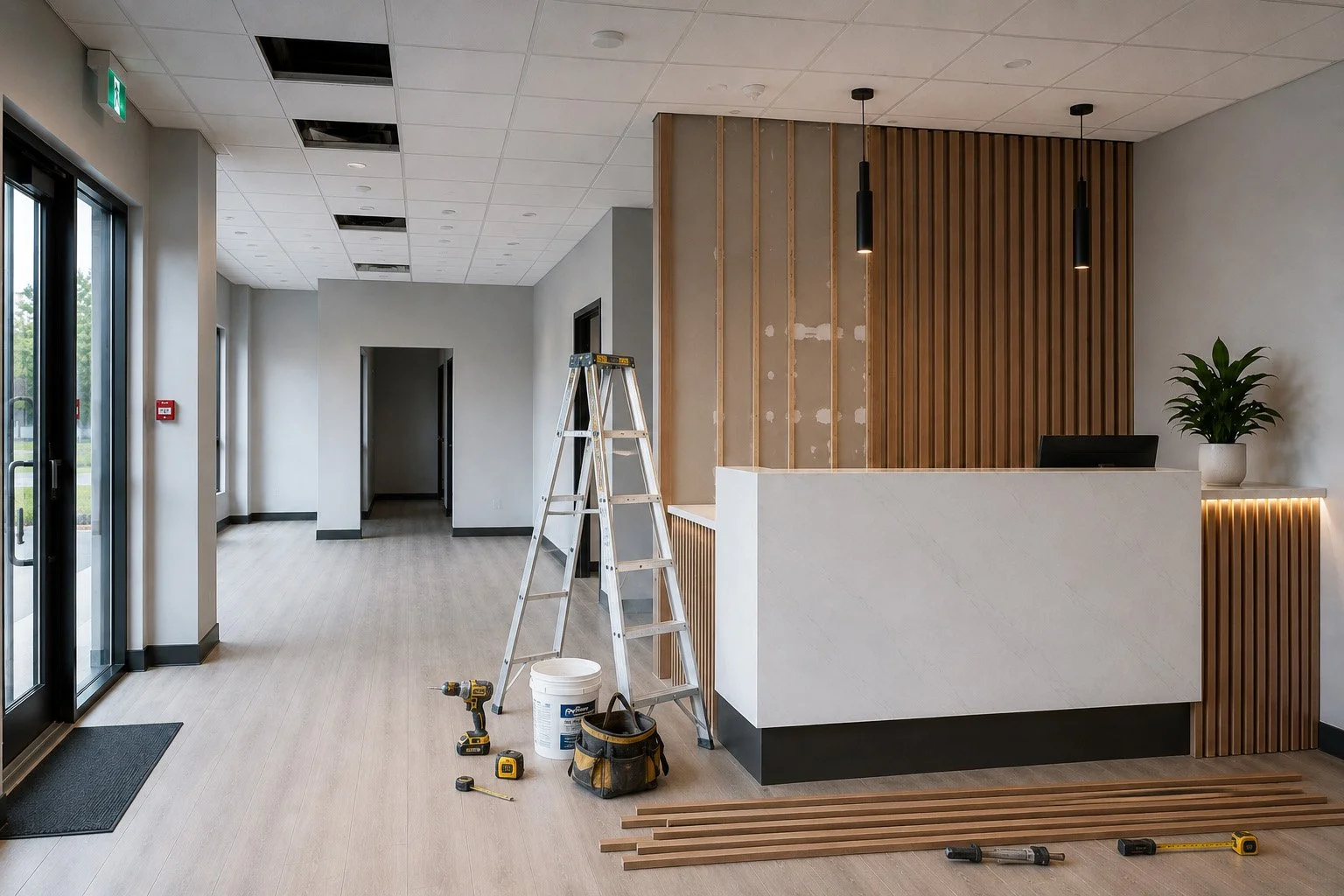 Interior of a commercial space under renovation, with a reception desk, ladder, tools, and wood paneling in progress.