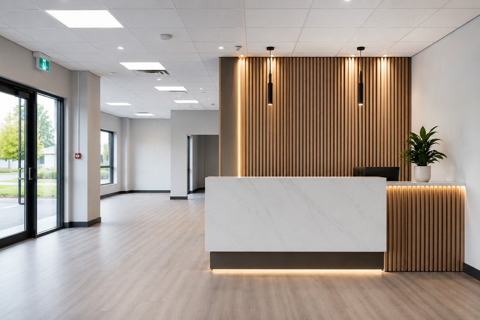 Modern office reception area with a white marble desk, wooden slat accent wall, black pendant lights, and a potted plant. Large windows let in natural light.