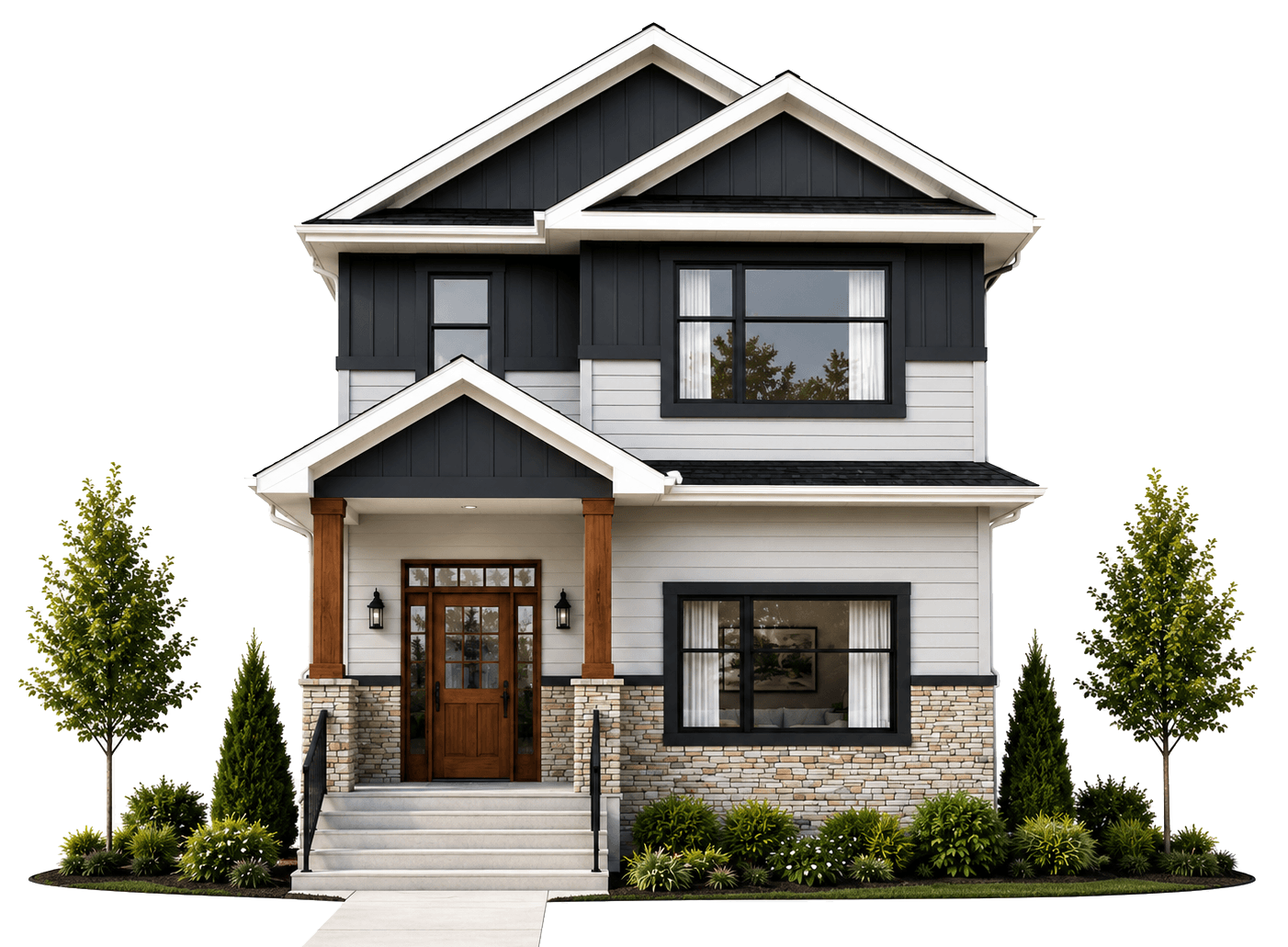 A modern three-story house with a black and white exterior, stone accents, wooden front door, and landscaped yard with trees and shrubs.