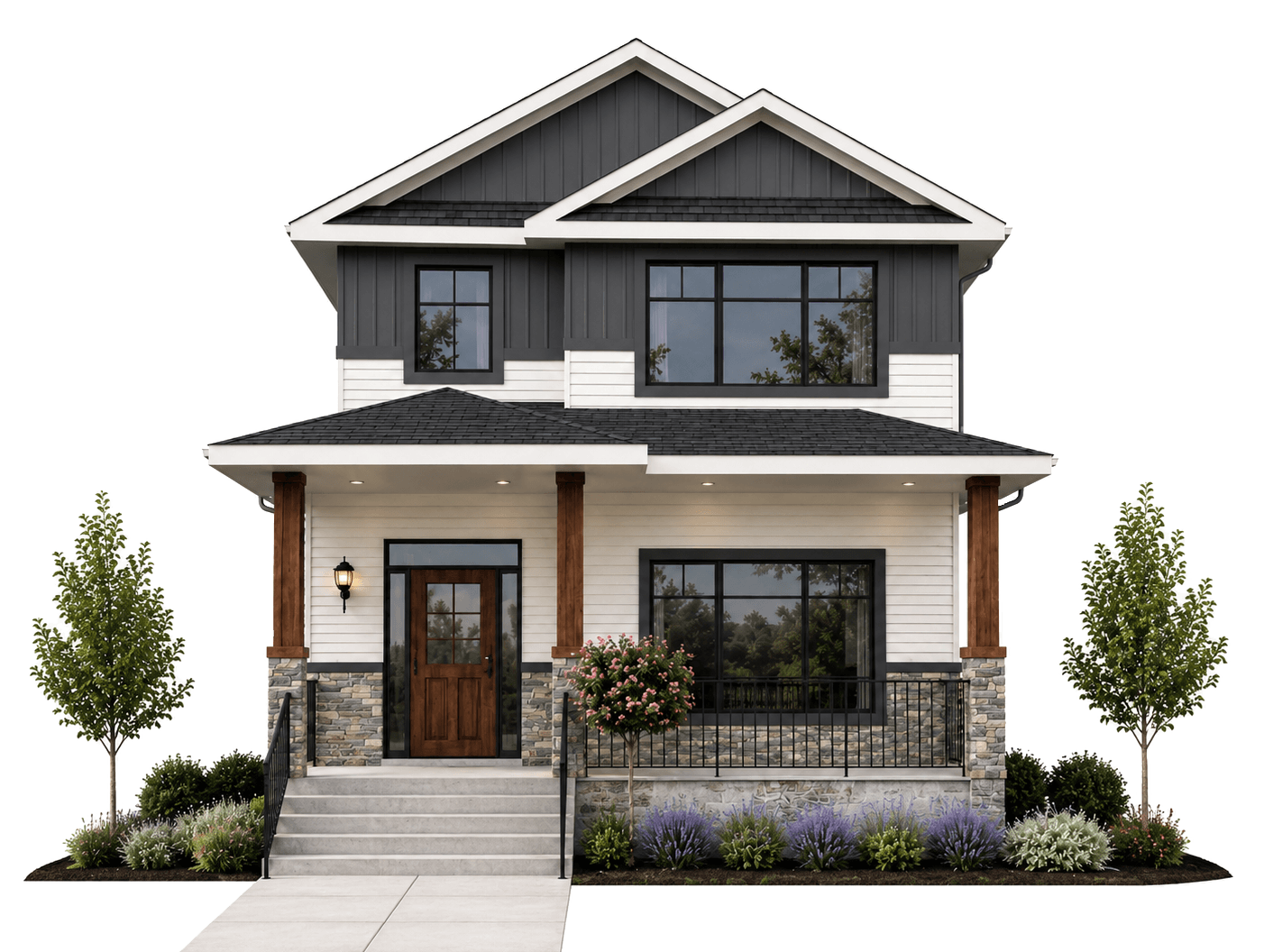 Two-story modern house with gray and white siding, black window frames, stone accents, wooden columns on porch, landscaped front yard with trees and flowering plants.