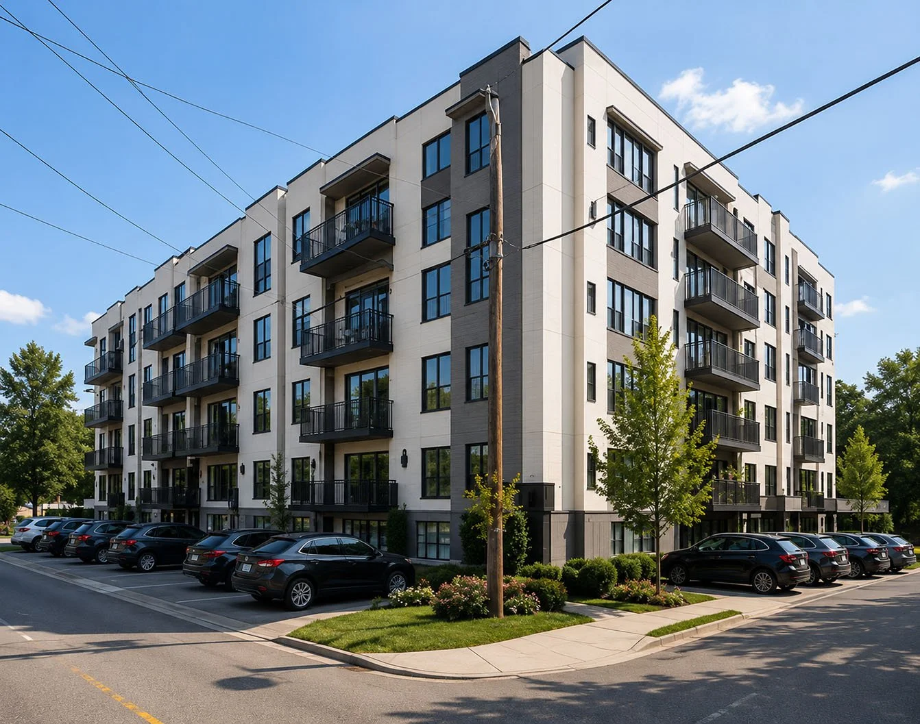Exterior of a modern, multi-story apartment building with balconies, parking lot with cars, trees, and a clear blue sky.