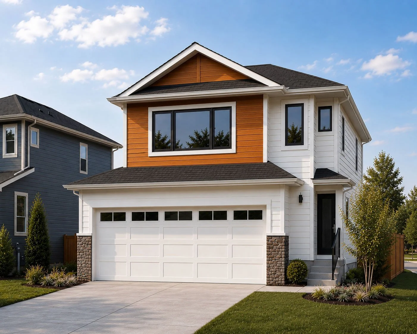 A modern two-story house with a white garage door, exterior features of wood, white siding, and black roofing, surrounded by a well-maintained lawn and small garden, under a partly cloudy sky.