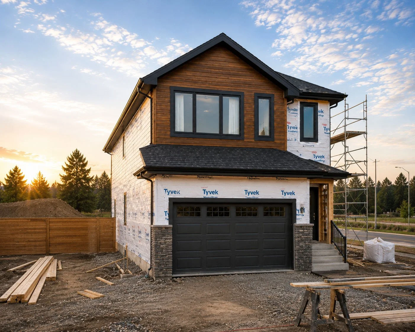 A two-story house under construction with a black garage door, stone foundation, and wooden siding on the upper level. The house has multiple windows and scaffolding on the right side. The scene is set during sunset with trees and a partly cloudy sky in the background, and construction materials scattered on the ground.