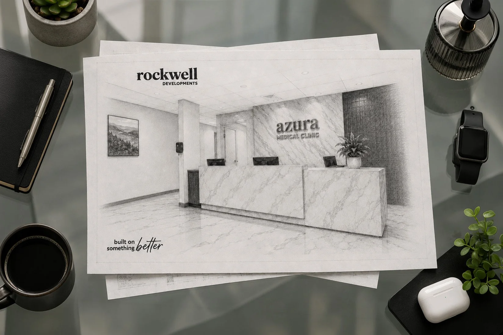 Architectural rendering of a medical clinic reception area with marble finish, branded 'Azura Medical Clinic' and a front desk with three computer monitors. Surrounding objects include a black notebook with a pen, a potted plant, a coffee cup, a smartwatch, a black pen holder, and a white wireless earbud case.