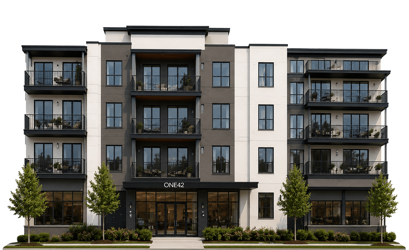 Modern multi-story apartment building with balconies, large windows, and a landscaped front with trees and bushes.
