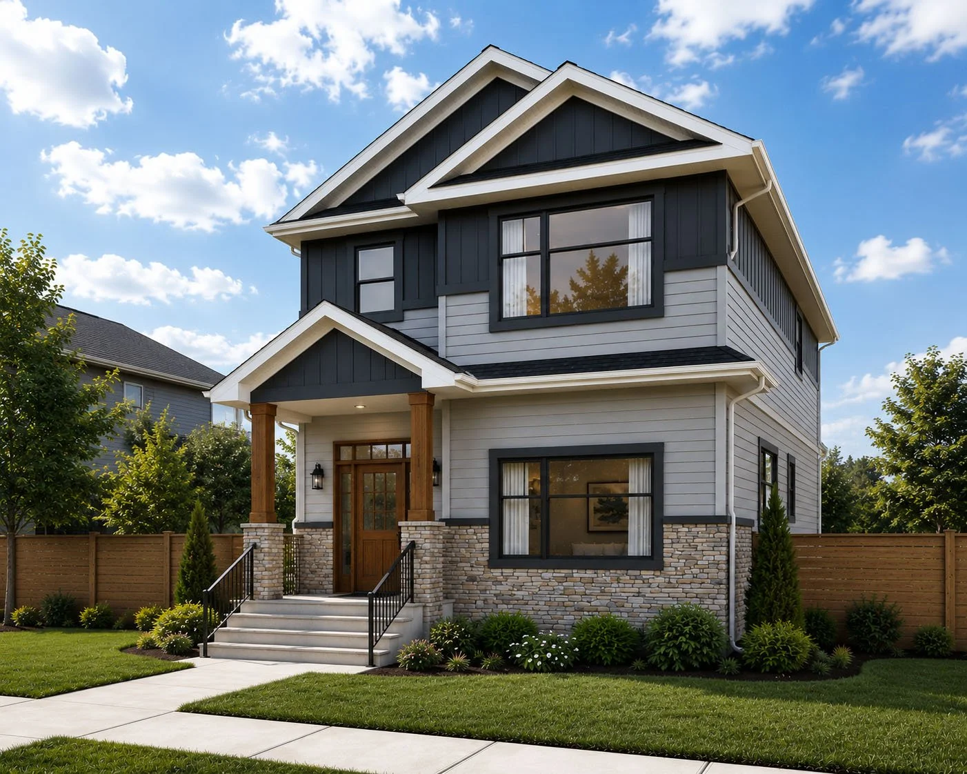 A modern three-story house with gray and black exterior, stone accent at the base, front porch with wooden pillars, black railing, and a well-kept yard with green grass and bushes.