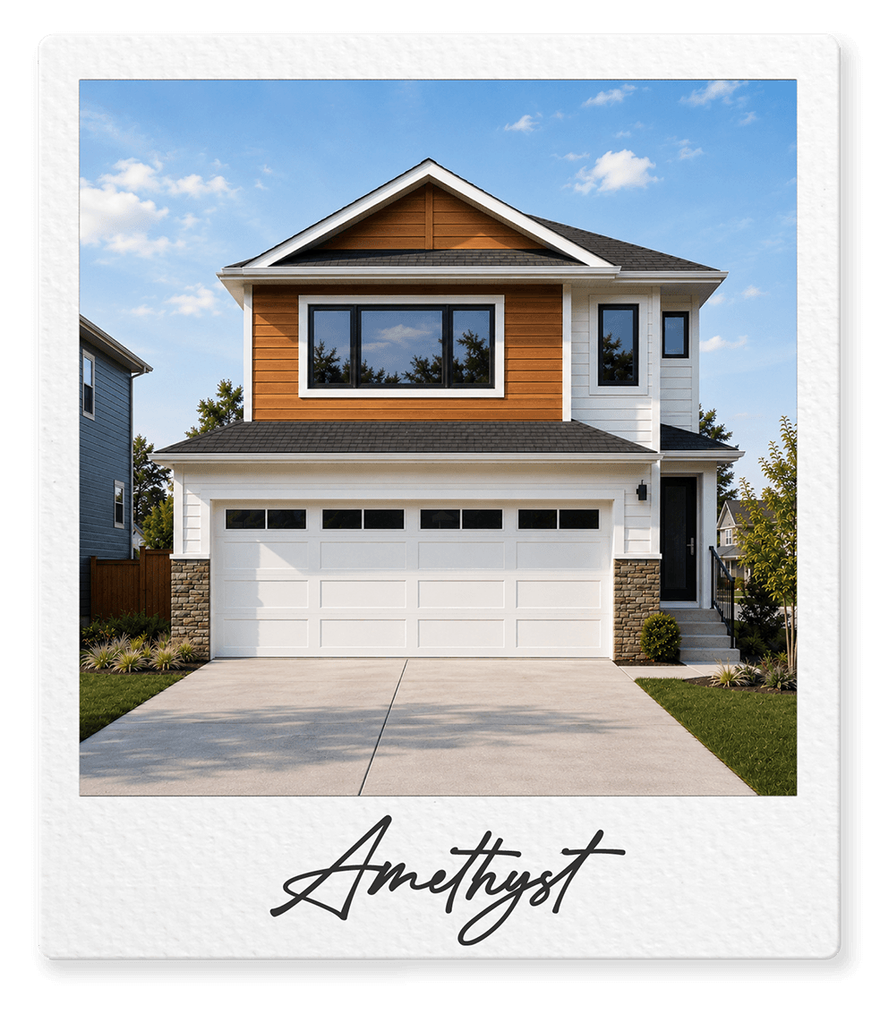 Modern two-story house with a white garage door, brown and white siding, and a small front yard with plants, under a blue sky with clouds.