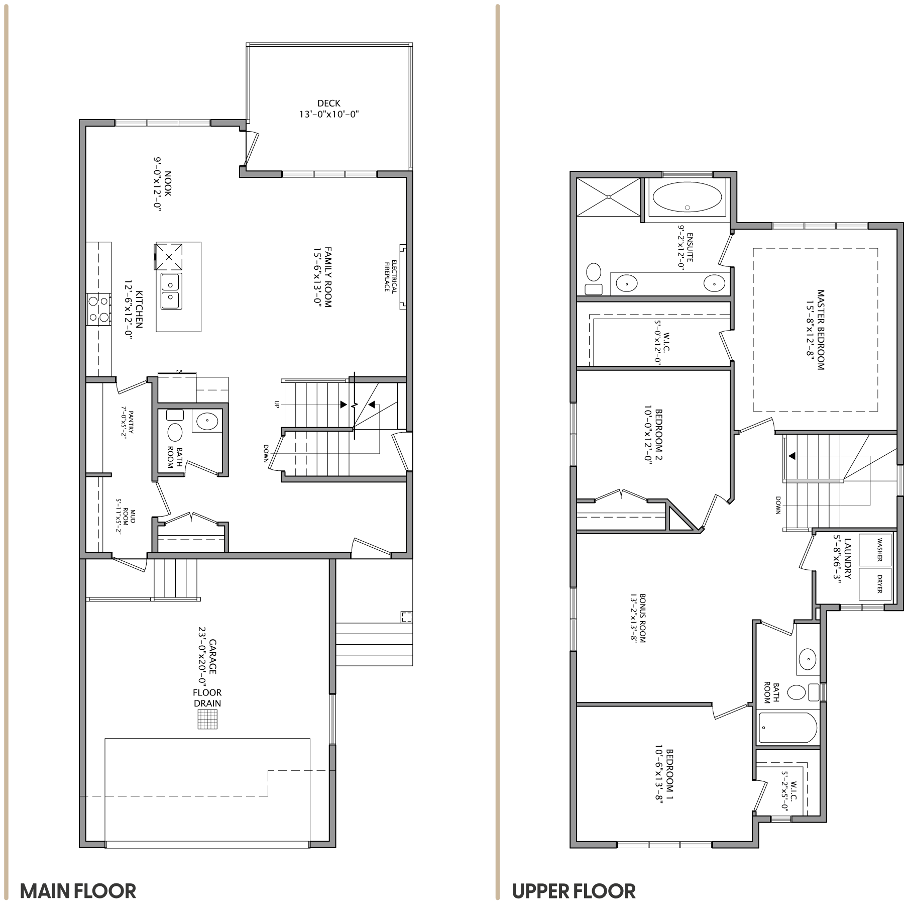 Floor plan of a house with the main floor on the left and upper floor on the right, both showing room layouts with walls and doorways labeled accordingly.