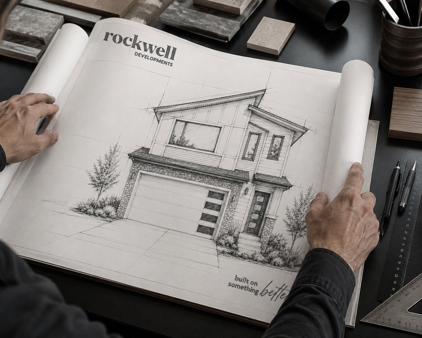 Architectural blueprint sketch of a modern two-story house with landscaping, house design labelled 'rockwell DEVELOPMENTS', and the tagline 'built on something better'.