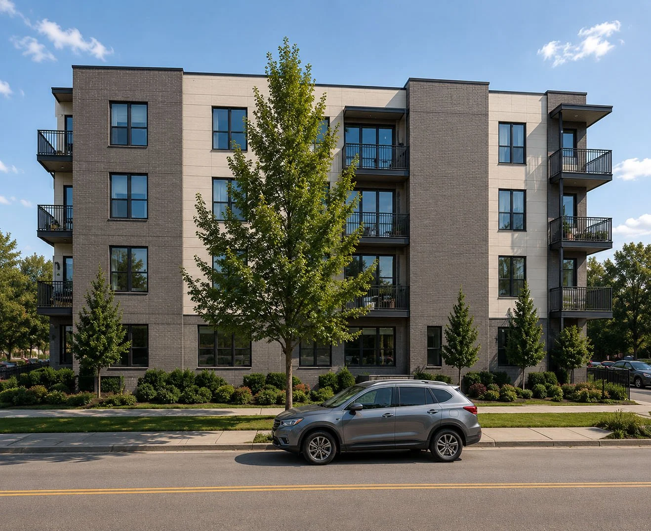 Modern multi-story apartment building with balconies, surrounded by landscaped greenery and trees, with a parked gray SUV in front on a sunny day.