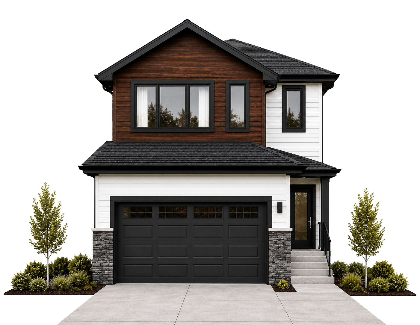 A modern two-story house with black garage door, white and wood exterior, and landscaped front yard.