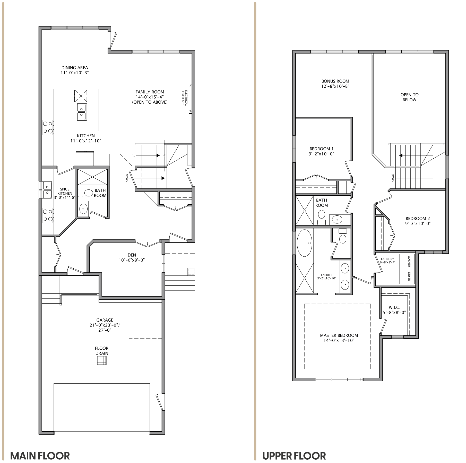 Floor plan showing main floor and upper floor layouts with room dimensions and labels.