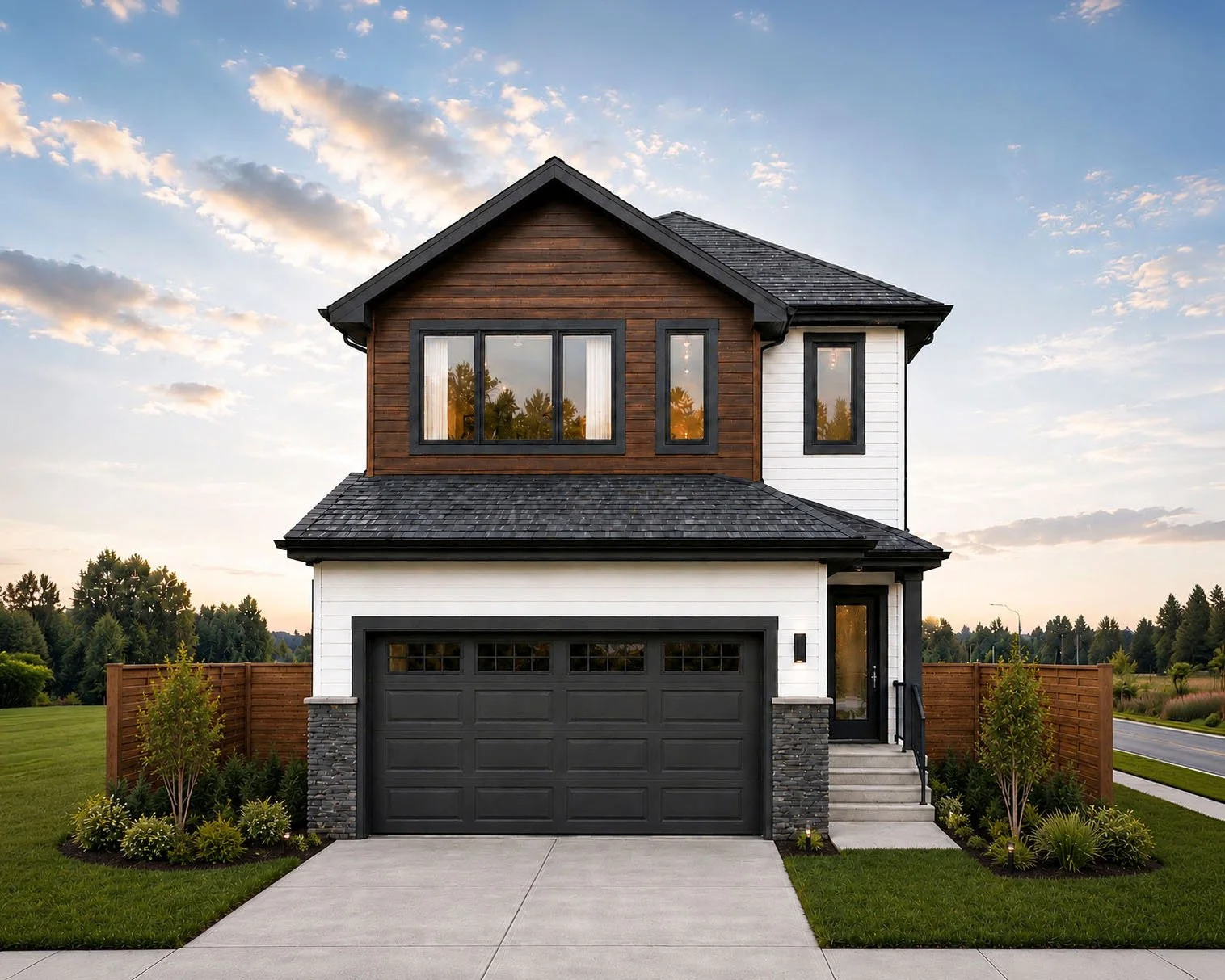 A modern two-story house with wood and white siding exterior, large windows, a black garage door, and a front porch with stairs, surrounded by a well-maintained lawn and a wooden fence.