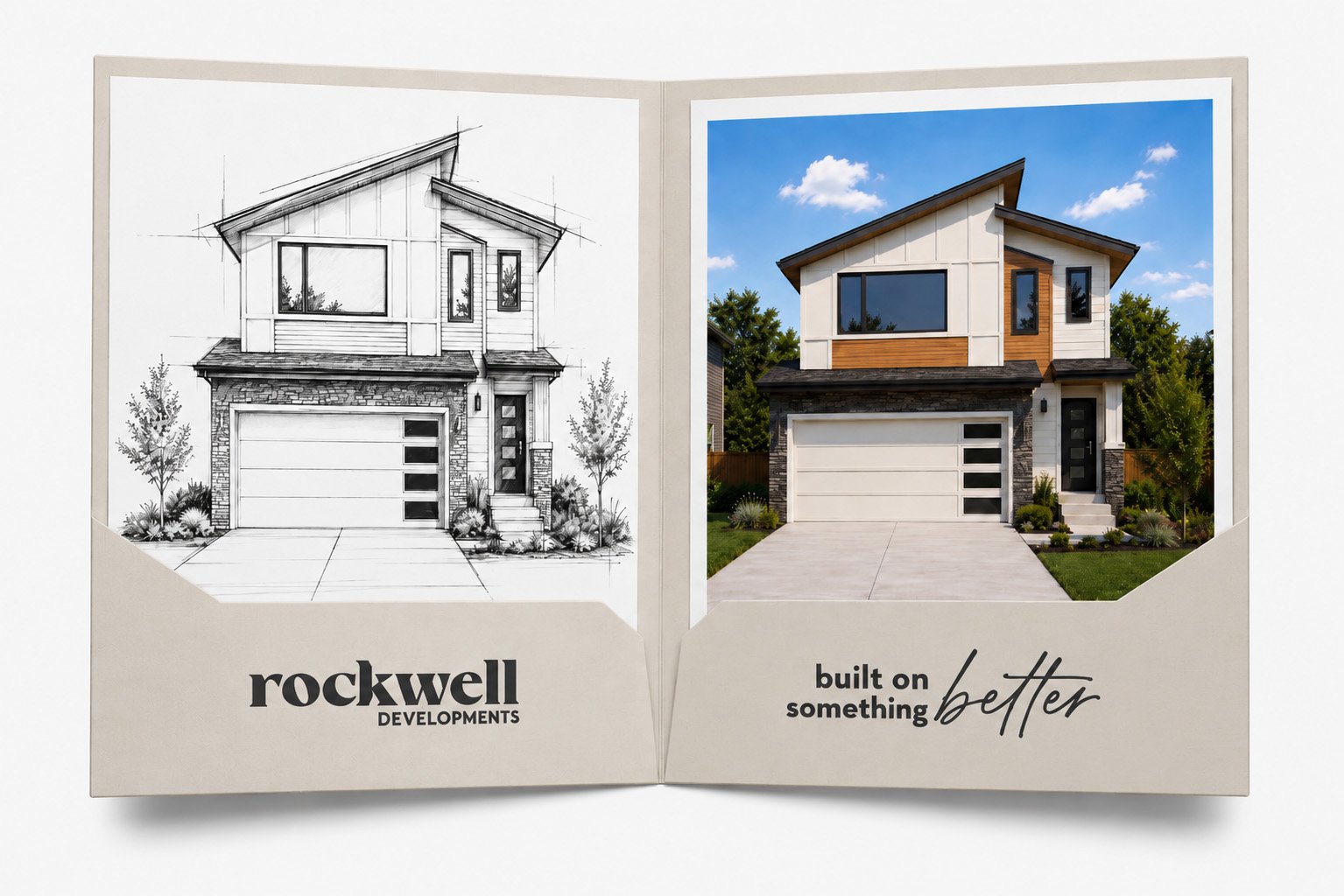 Comparison of architectural drawing and finished house for Rockwell Developments, showing a modern two-story home with a white exterior, large windows, and a two-car garage, under a blue sky with clouds.