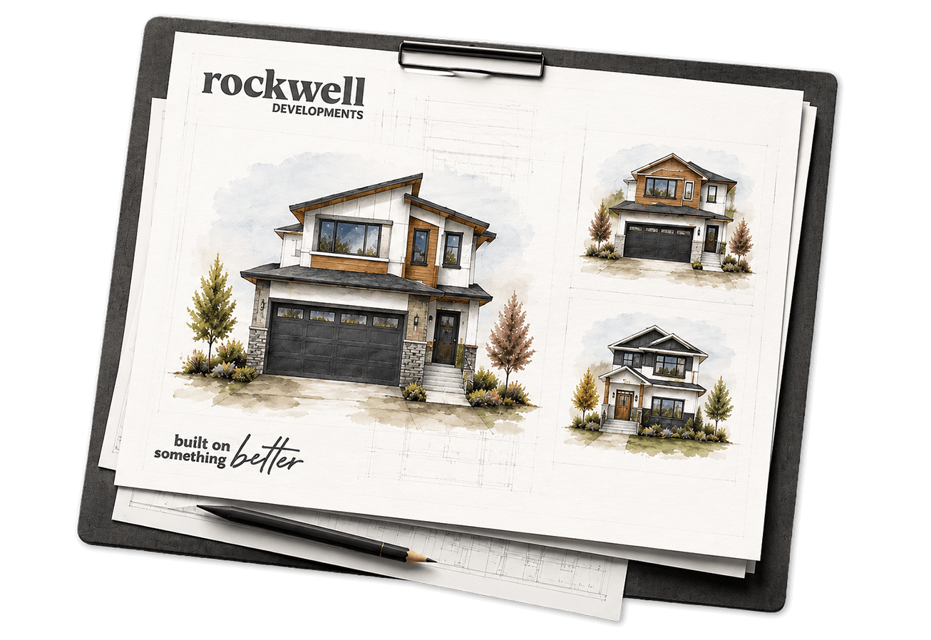 Architectural design plans of a modern house with detailed drawings and watercolor renderings, placed on a clipboard with a pen.