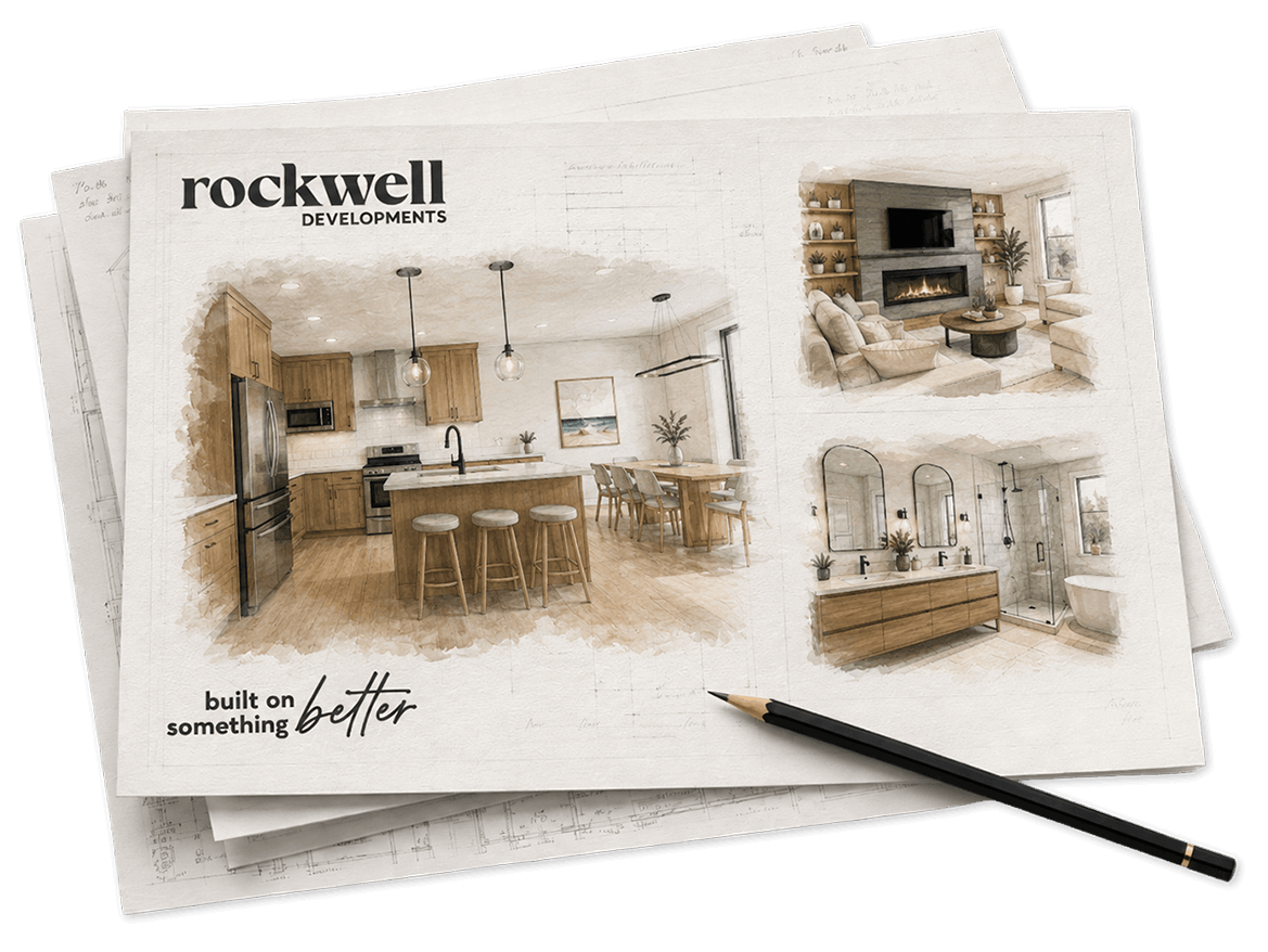 A set of architectural or interior design plans with images of a modern kitchen, living room, and bathroom, featuring wooden furniture, a fireplace, and a minimalist aesthetic, with
