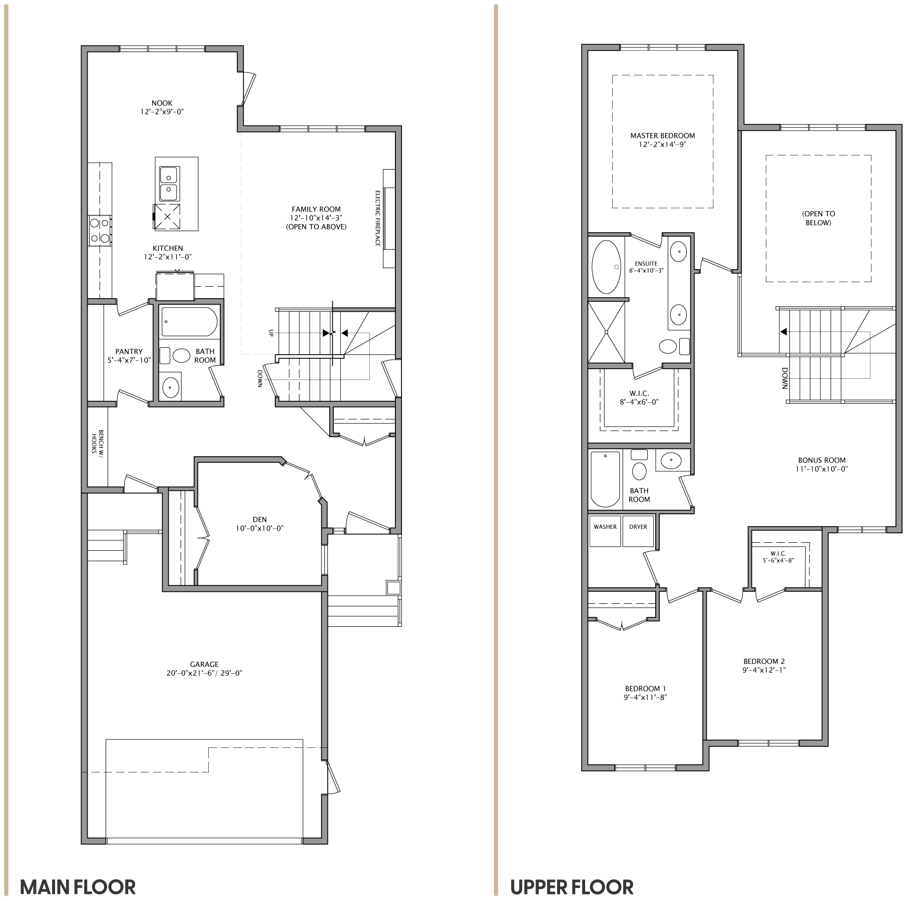 Floor plan diagram showing a house layout with the main floor on the left and the upper floor on the right, including rooms labeled such as bedroom, bathroom, and living areas.