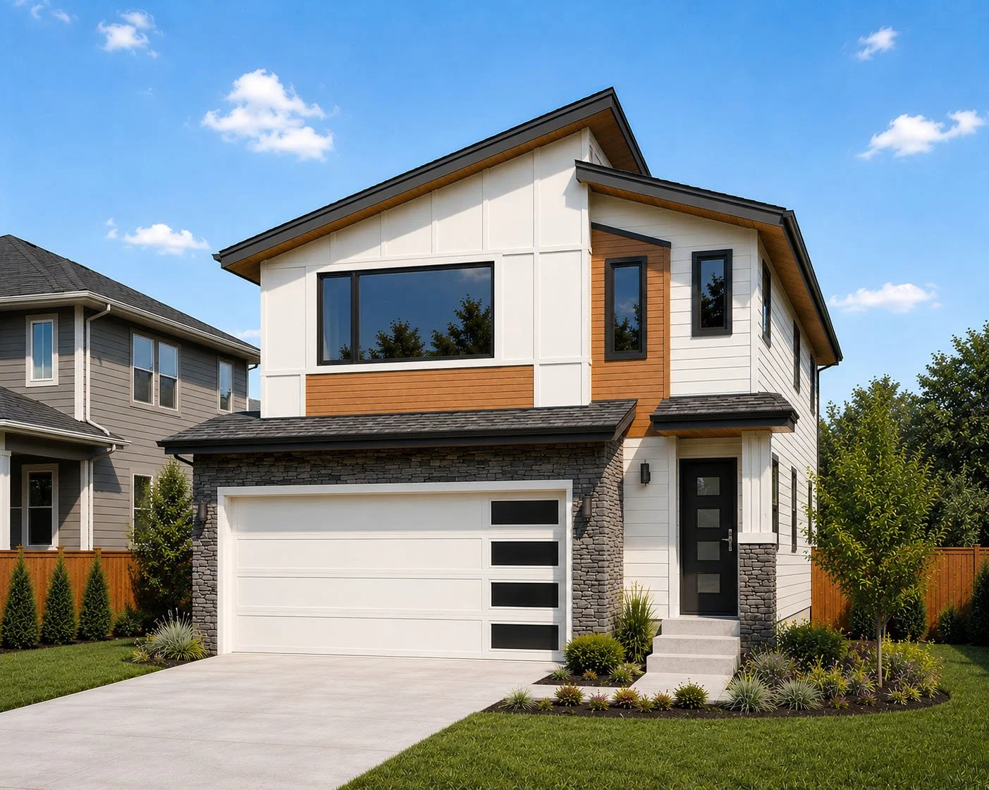 Modern two-story house with a two-car garage, stone and siding exterior, large windows, and landscaped front yard under a blue sky.